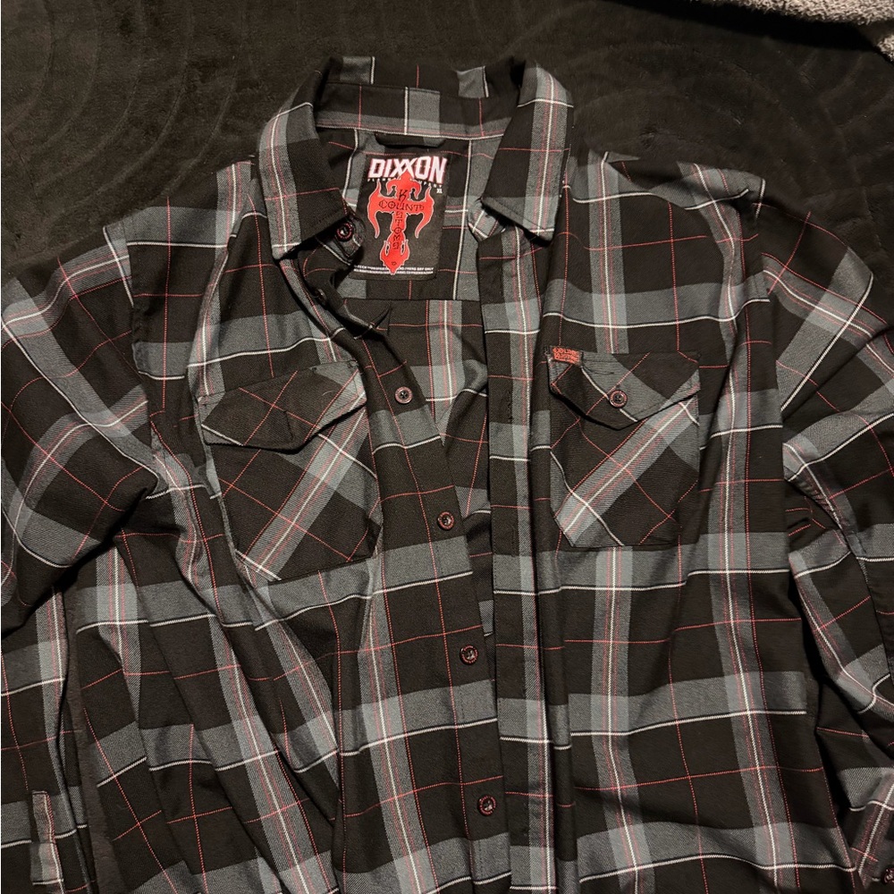 DIXXON Men's Black, Gray, and Red Plaid Shirt